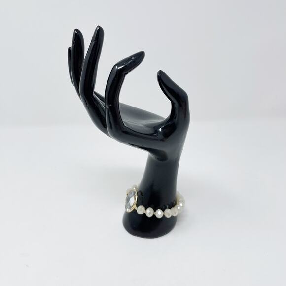 Cream Beaded Stretch Bracelet with Clear Gemstone Charm Fashion Statement - Picture 5 of 8